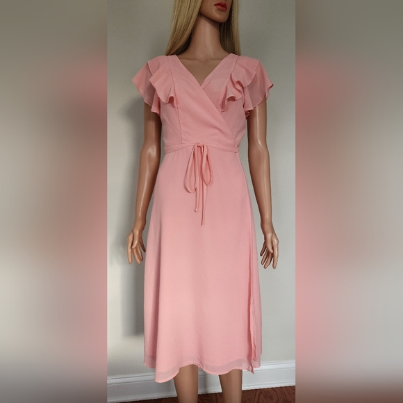 NEW LOOK SOFT PINK RUFFLES CRISS CROSS OPEN BACK WRAP STYLE MIDI DRESS US.6 NWOT - Picture 1 of 13
